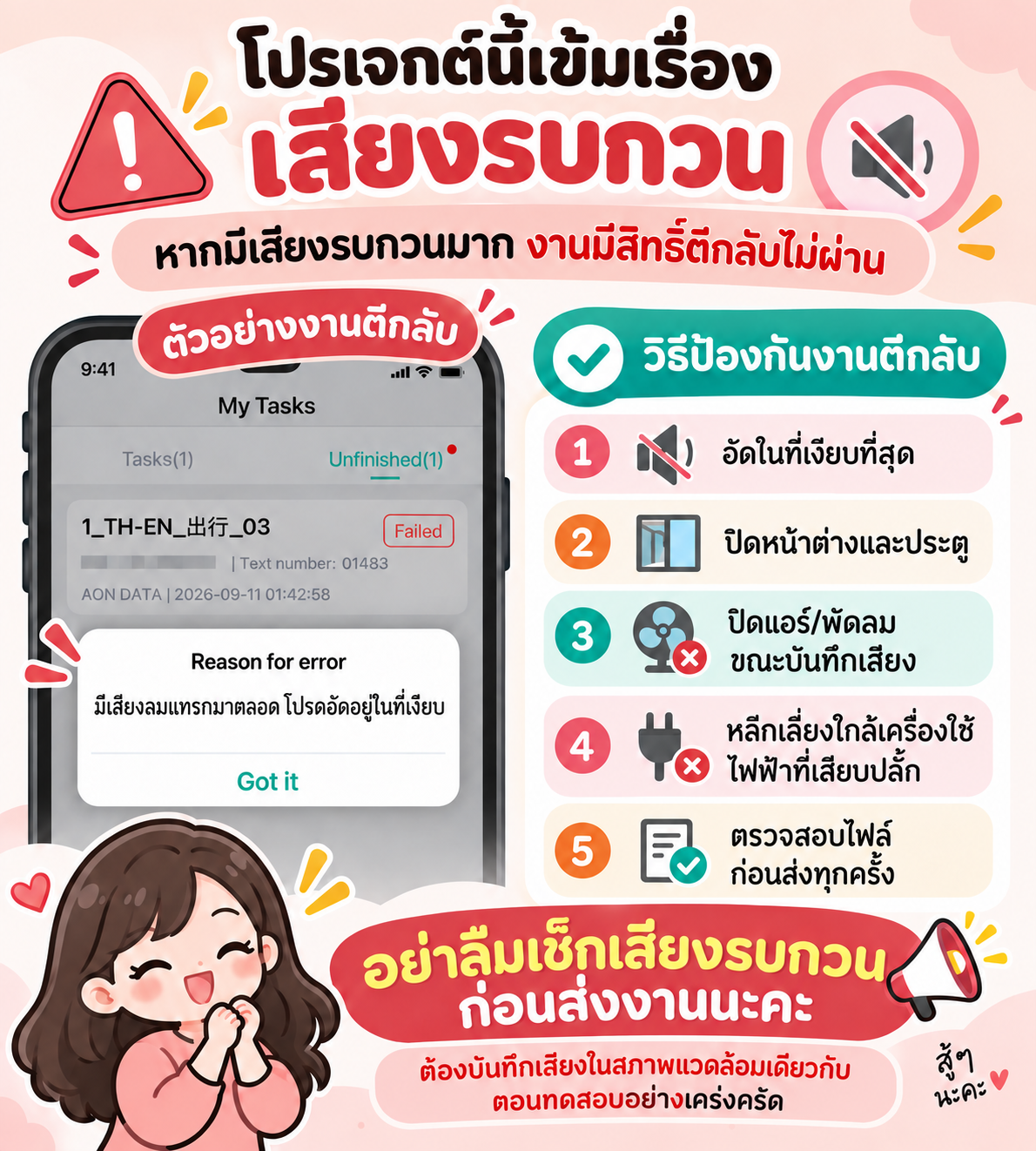 คำแนะนำการเตรียมสภาพแวดล้อมก่อนบันทึกเสียง: ปิดหน้าต่าง ประตู พัดลม เครื่องปรับอากาศ และหลีกเลี่ยงอุปกรณ์ไฟฟ้าที่มีเสียงรบกวน