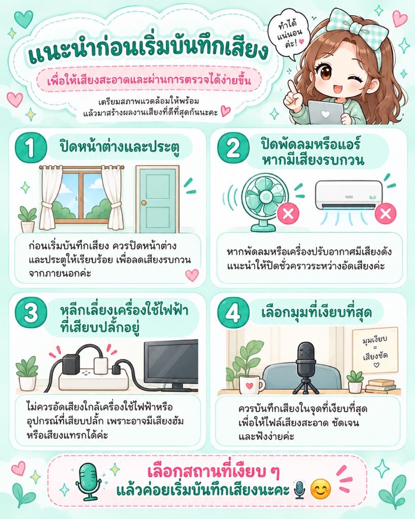 คำแนะนำการเตรียมสภาพแวดล้อมก่อนบันทึกเสียง: ปิดหน้าต่าง ประตู พัดลม เครื่องปรับอากาศ และหลีกเลี่ยงอุปกรณ์ไฟฟ้าที่มีเสียงรบกวน